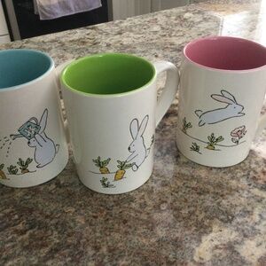 3 Easter rabbit heavy ceramic kids mugs ! Pink,blue & green inside.  Like new